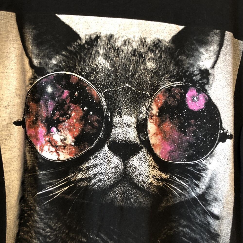 Men's XL Black Cat With Round Glasses T Shirt  Stars Space Used Shirt